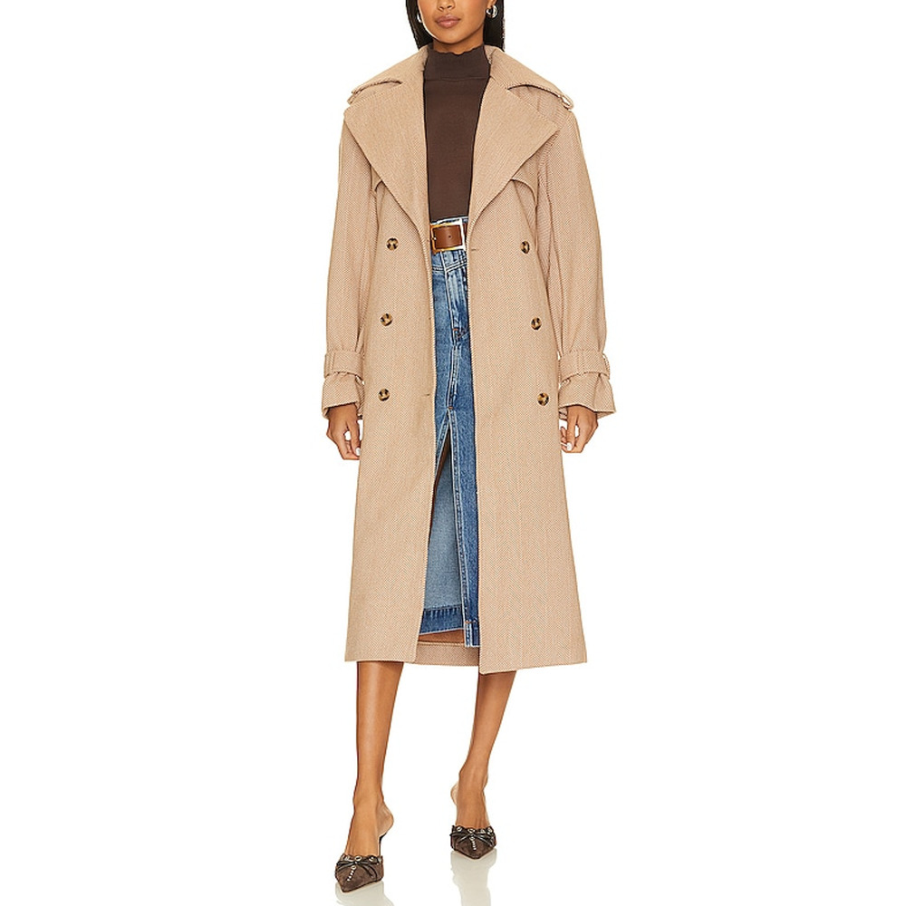 Bardot Oversized Herringbone Tan Double Breasted Trench Coat Size M - NWT